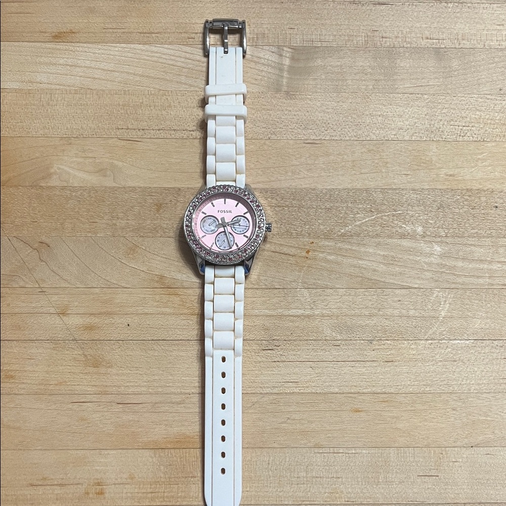 Fossil Pink Dial Watch with White Strap